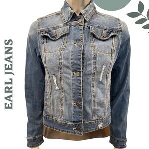 Earl Jeans Stretch Denim Trucker Jacket Women’s XS Distressed Medium Wash Blue